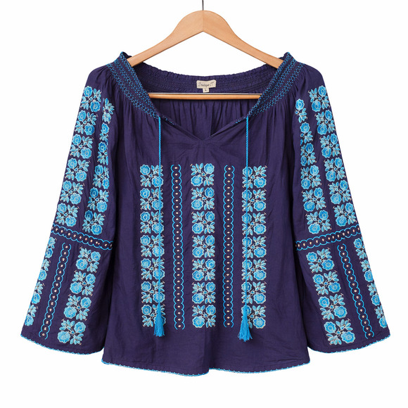 Boutique 17 Tops - Boutique 17 Top Womens Size Large Blue Floral Embroidered Tassels Bohemian